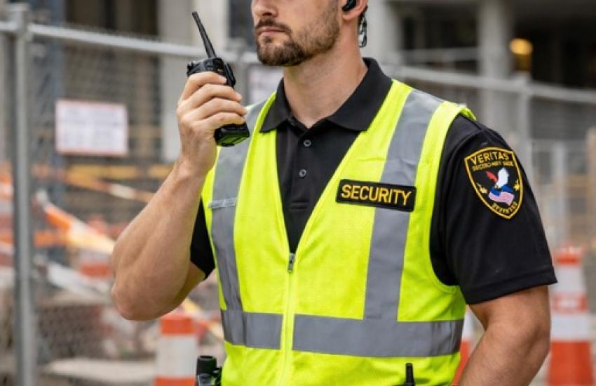 Construction site security guard in high-visibility vest using a radio near a job site